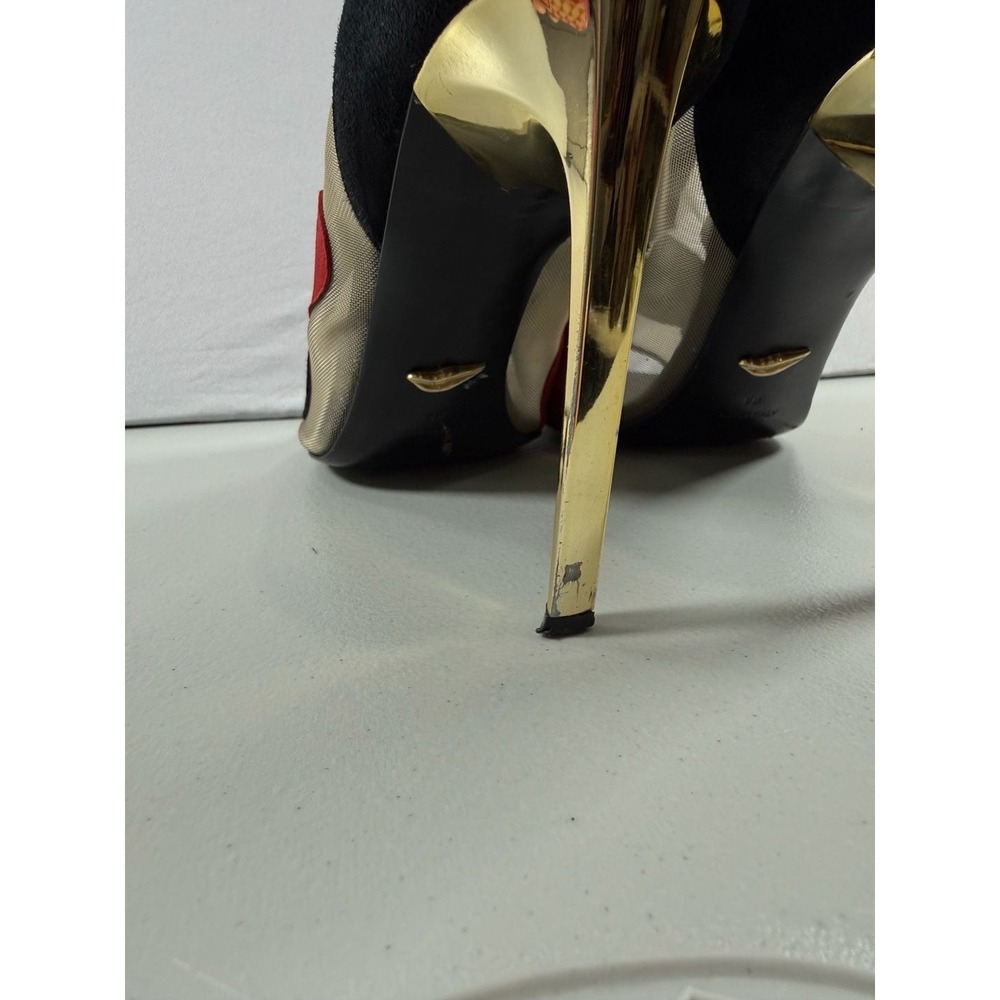 Diane von Furstenberg Black and Red Heart Suede Mesh Peep Toe Stiletto Heels Siz - Picture 10 of 11